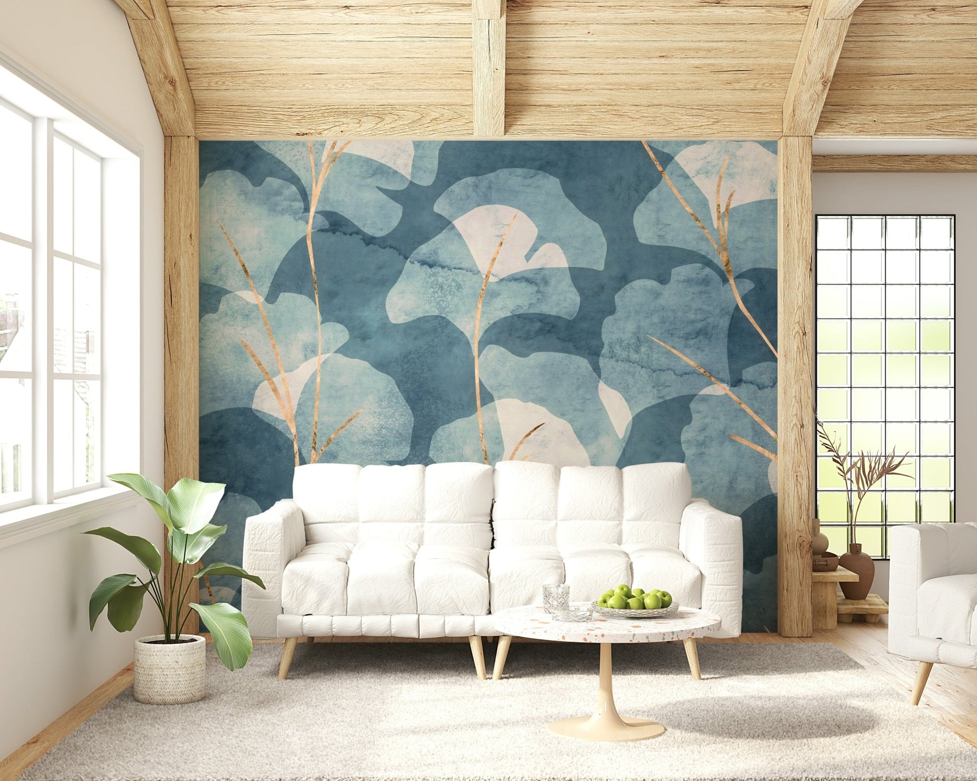 Indigo Midwinter Gingko Cyanotype wallpaper mural for modern living.