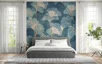 Removable peel and stick wallpaper Midwinter Gingko Cyanotype pattern.