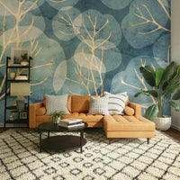 Delicate winter leaf design in cyanotype blue tones for walls.

