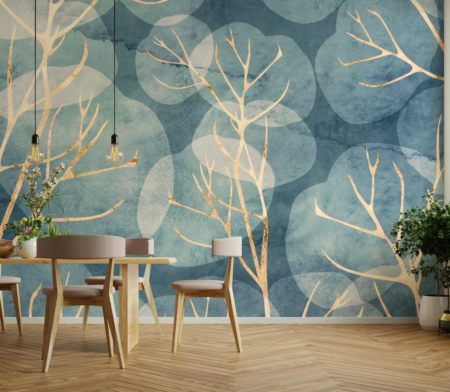 Cyanotype-inspired leaf mural in rich blue tones for serene decor.

