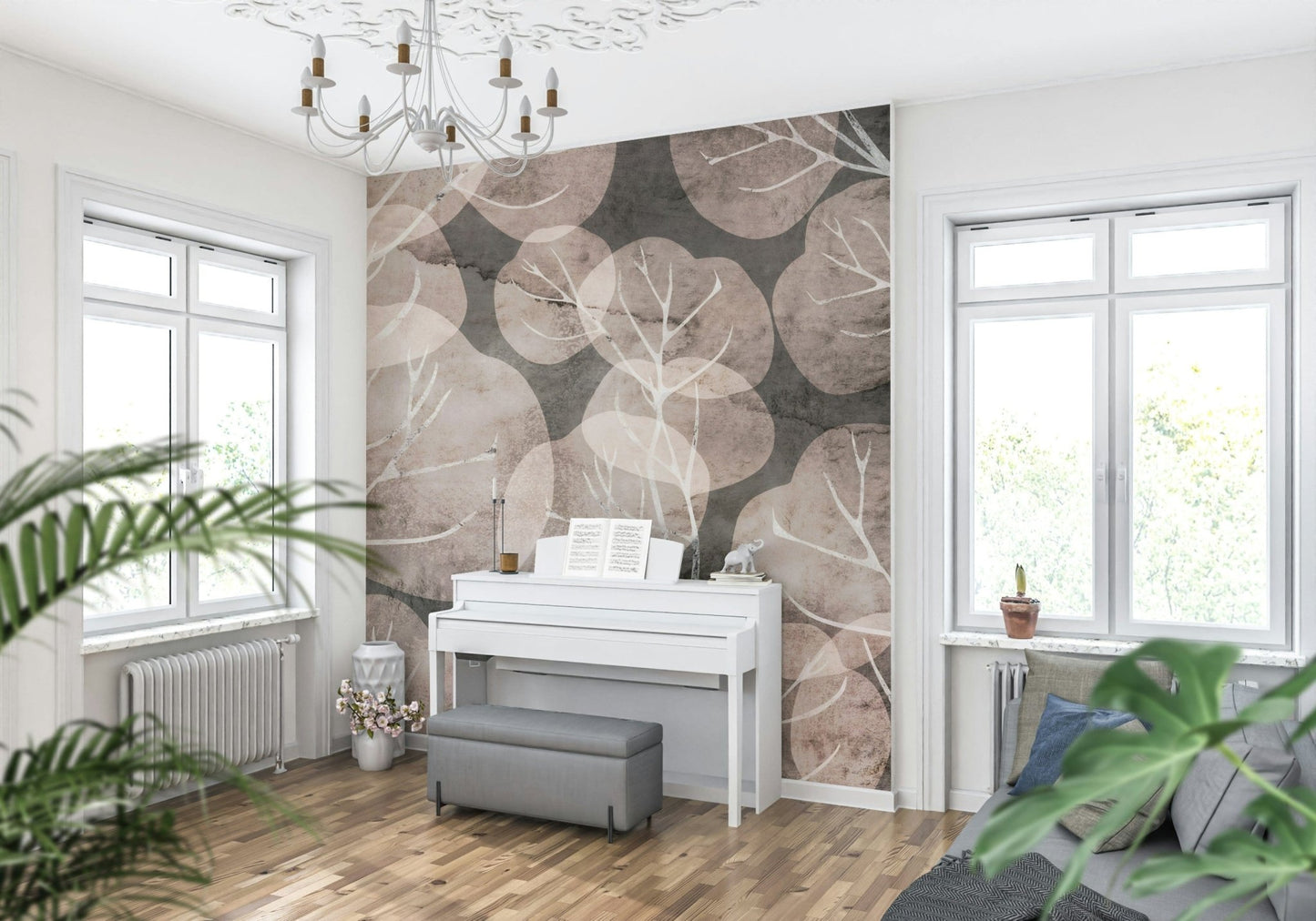 Botanical peel and stick wallpaper Midwinter Leaf pewter blush.