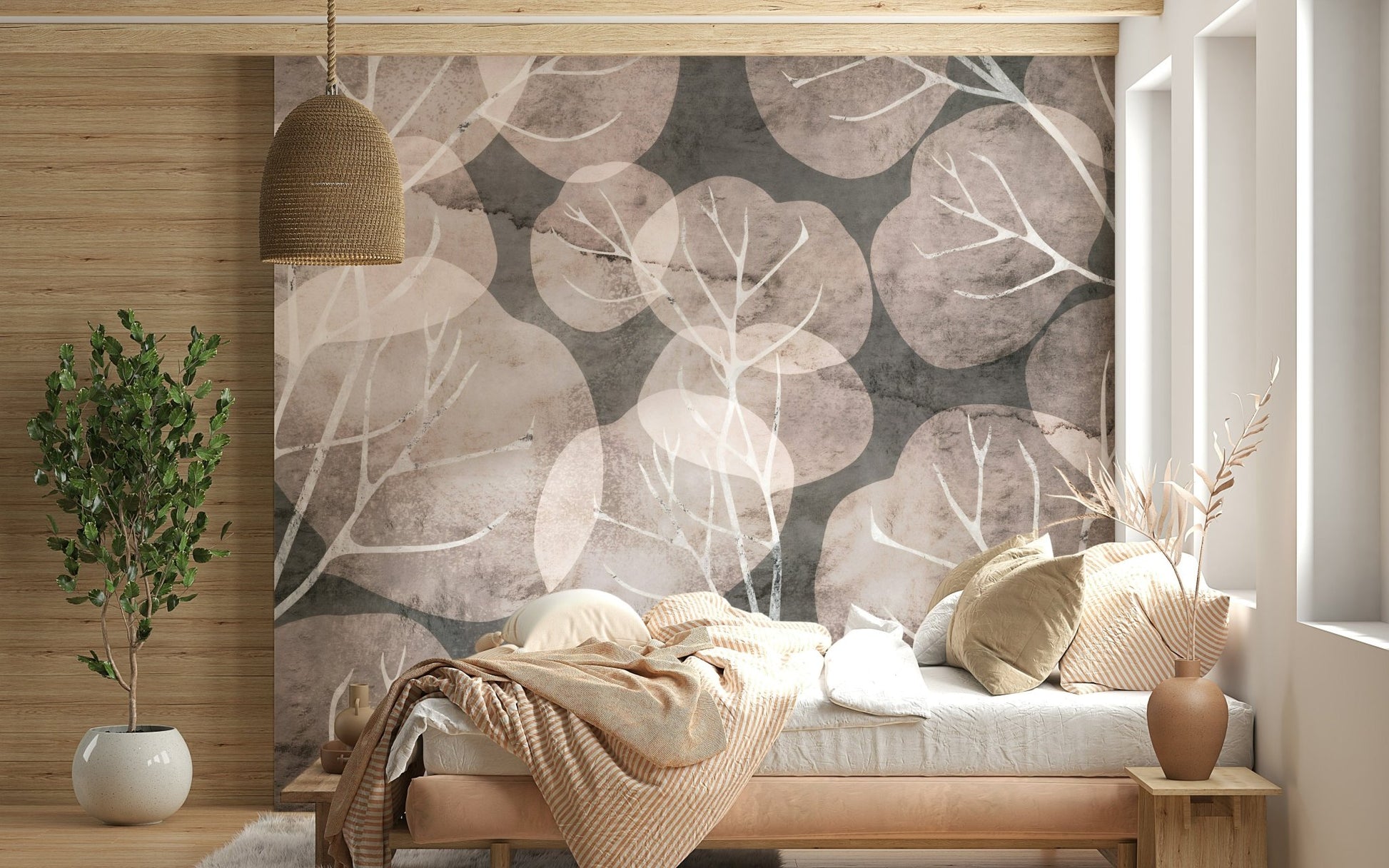 Elegant pewter blush Midwinter Leaf wallpaper for walls.