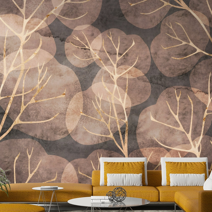 Nature-inspired sepia leaf design mural for rustic decor.

