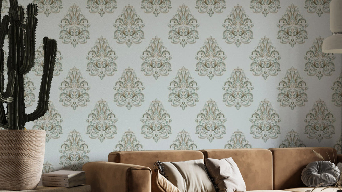 Elegant vintage damask wallpaper mural in lush green tones.