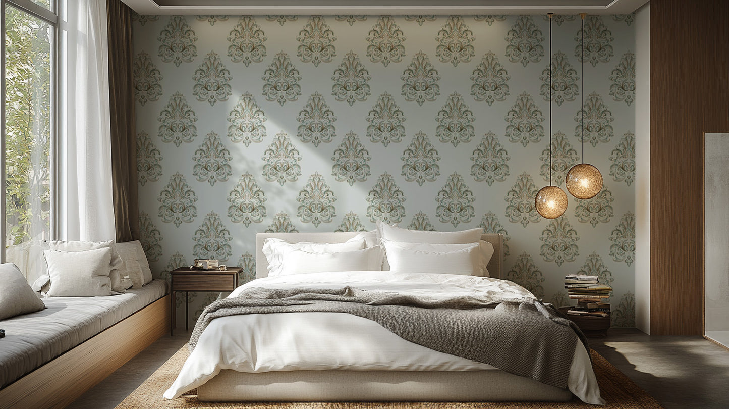 Traditional damask wallpaper mural in a serene green palette.