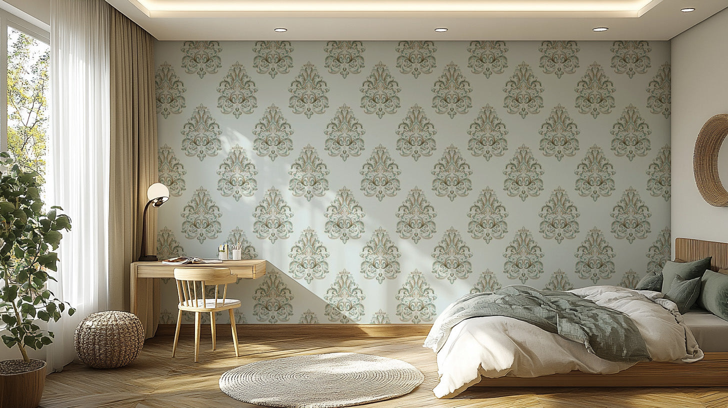 Green vintage damask wallpaper with intricate floral details.