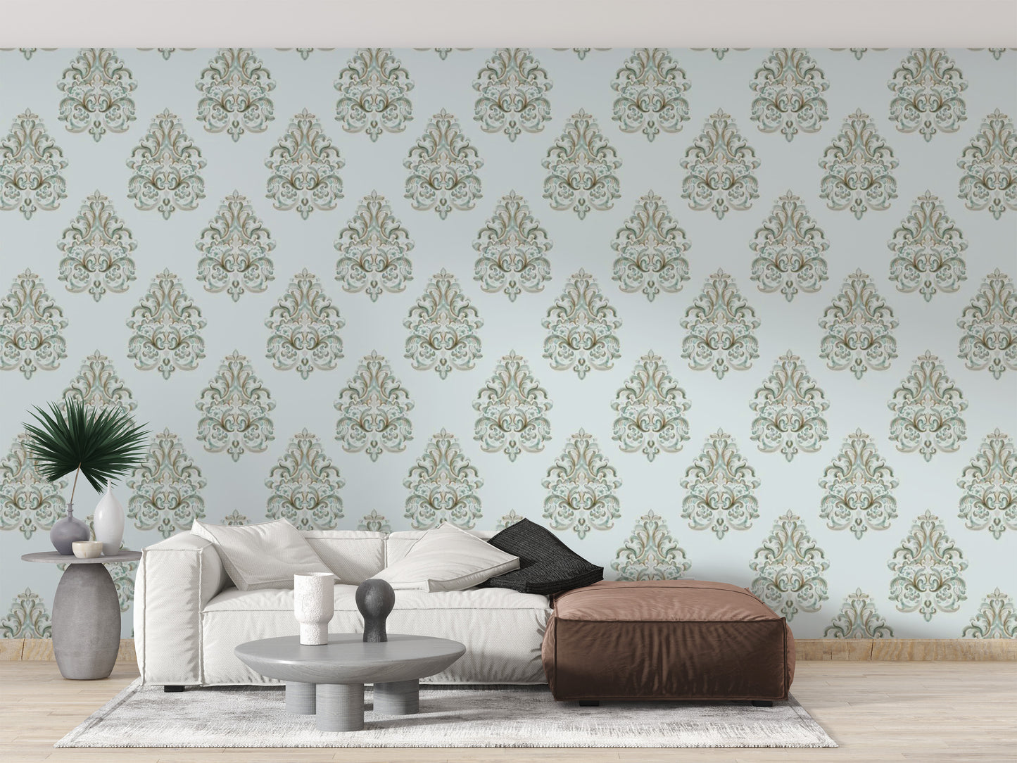 Green damask wallpaper mural for timeless vintage interiors.