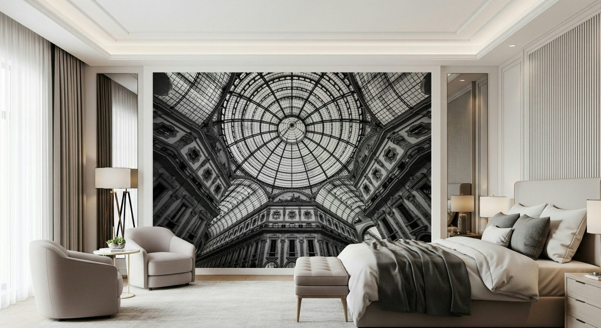 Arched ceiling mural in entry area, minimalist console, soft beige and grey colours.