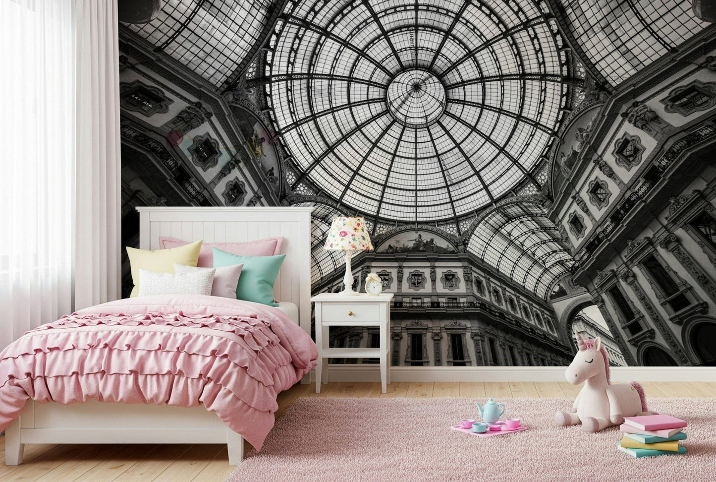 Vaulted architecture wall mural on TV wall, warm neutrals, modern living space styling.