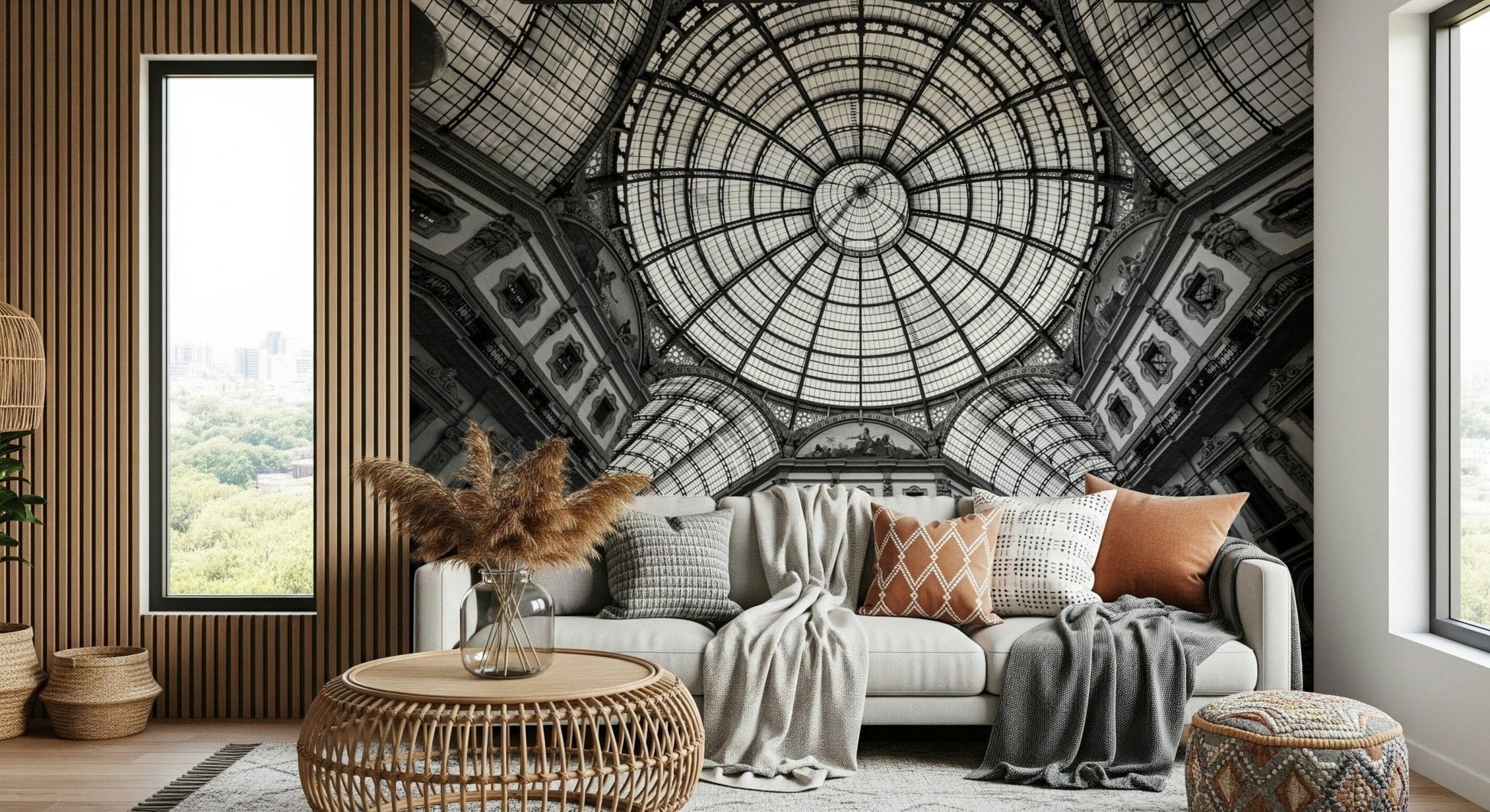 Milan-inspired arches wall mural in home office, clean desk setup, calm backdrop for work