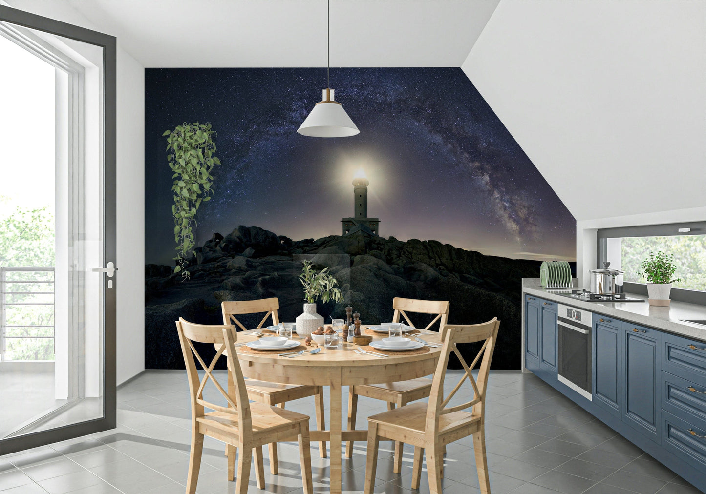 Starry night wallpaper with a glowing lighthouse acting as a celestial guide.