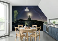 Starry night wallpaper with a glowing lighthouse acting as a celestial guide.