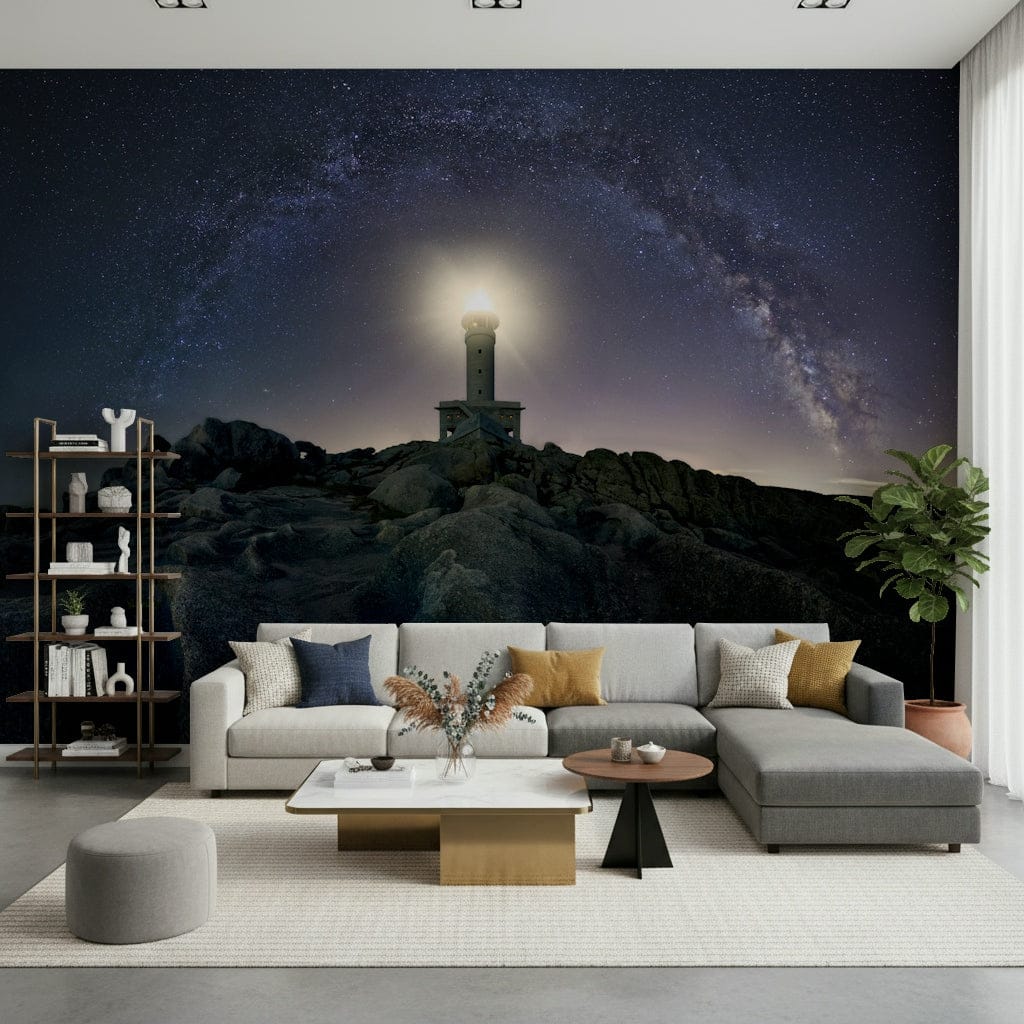 Wall mural depicting a lighthouse beacon shining through a starry, celestial backdrop.