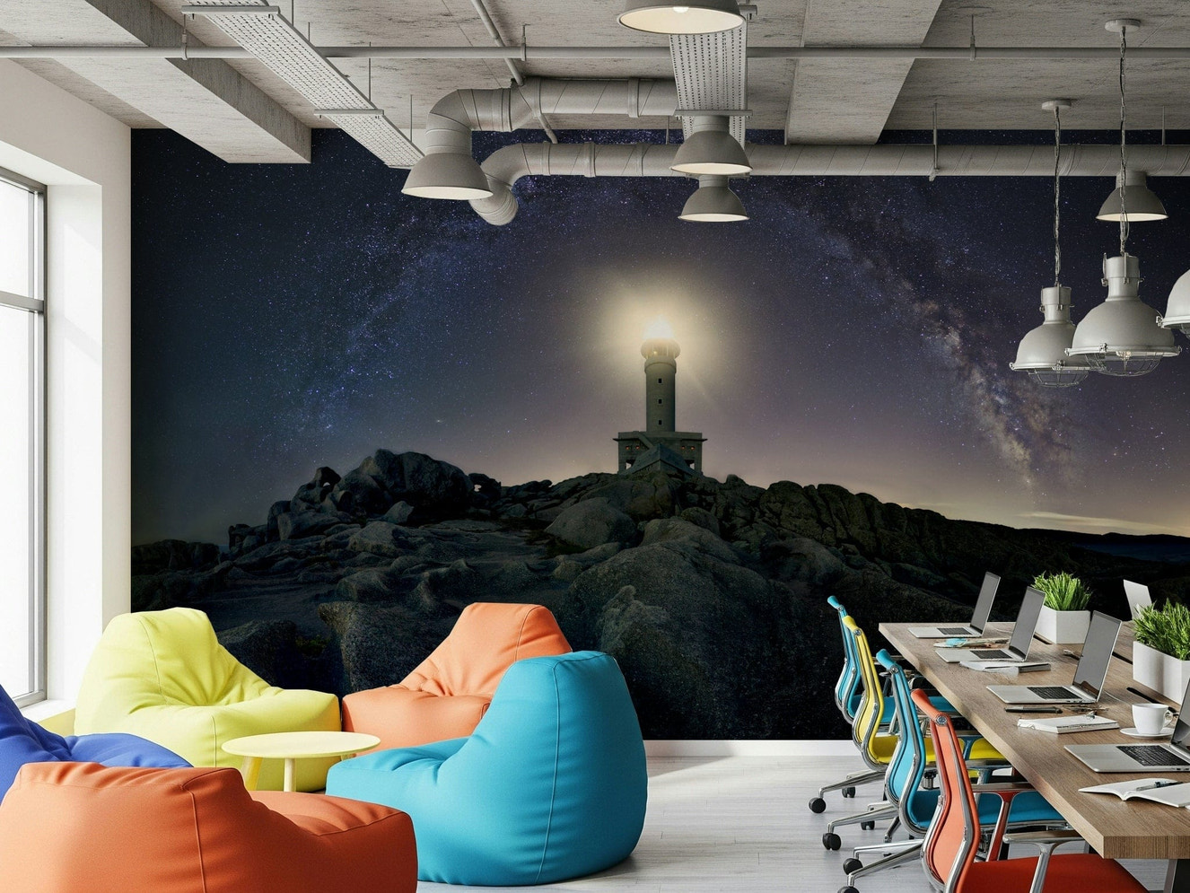 Celestial Beacon Wall Mural featuring a glowing lighthouse under a starry night sky.