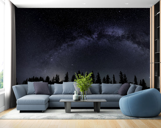 Milky Way Starry Night wallpaper mural shown as a full feature wall that highlights the design