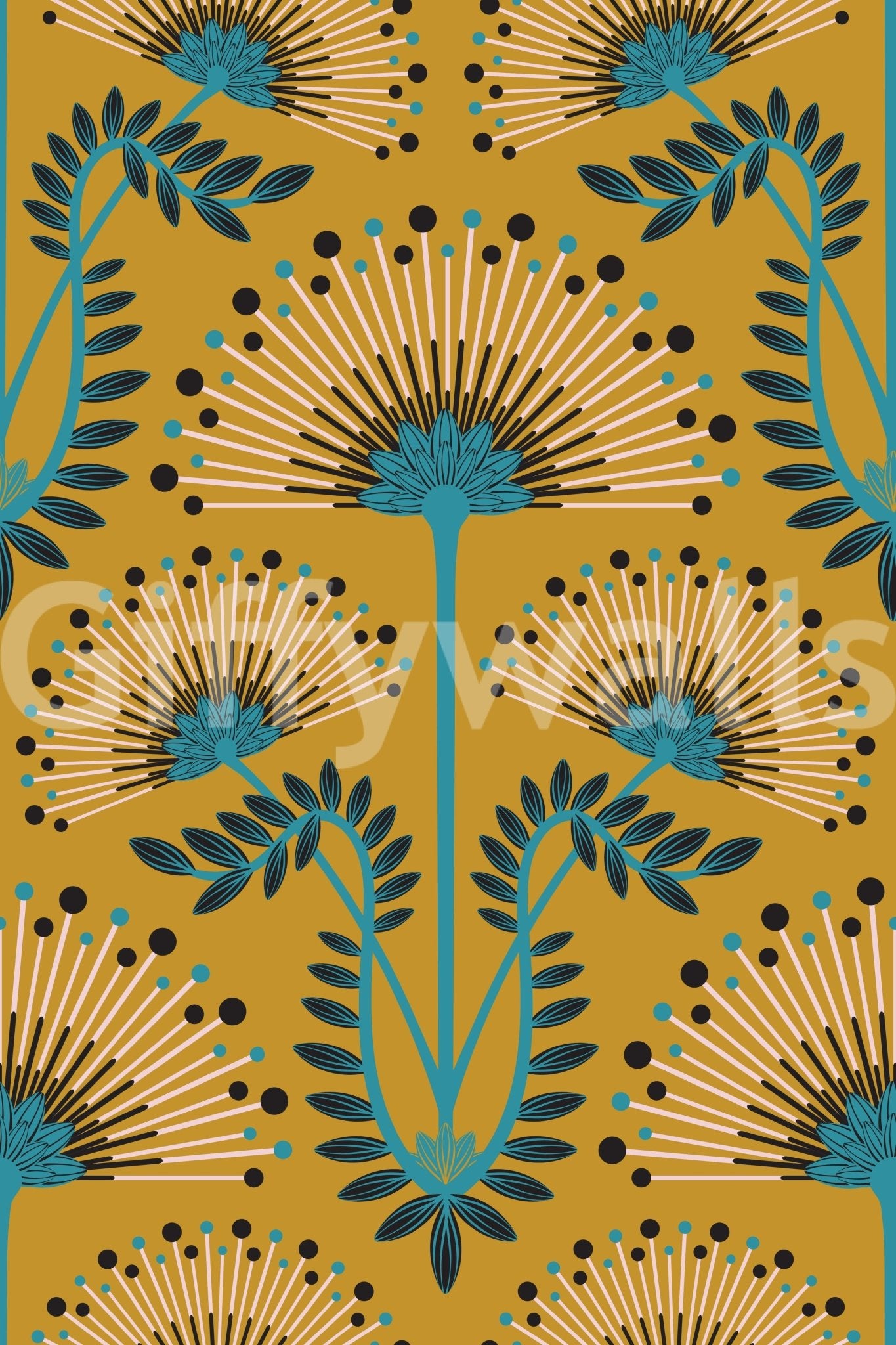 Mimosa art deco damask wallpaper in blue black mustard tones