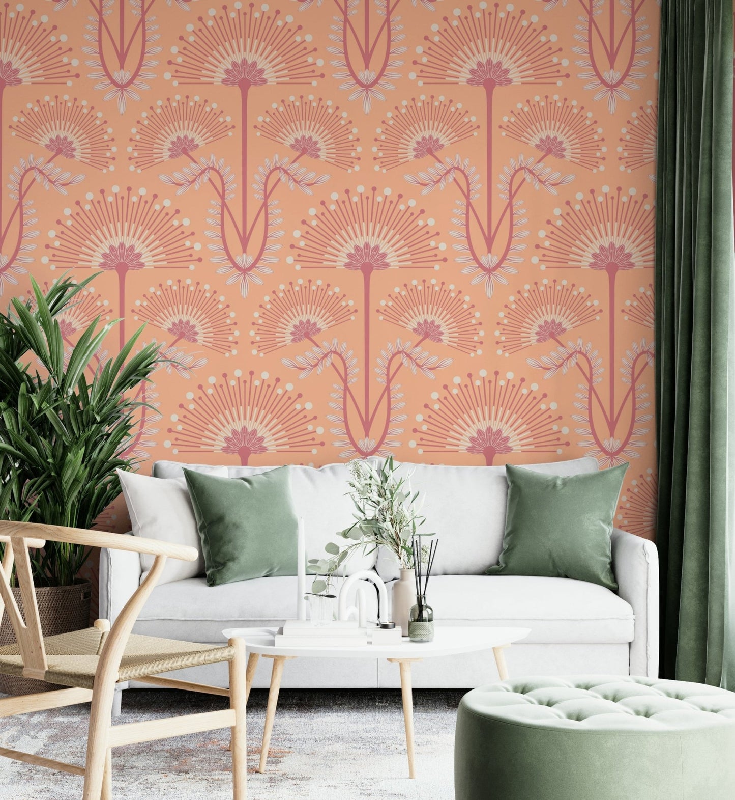 The color palette includes pastel peach fuzz and orange.
