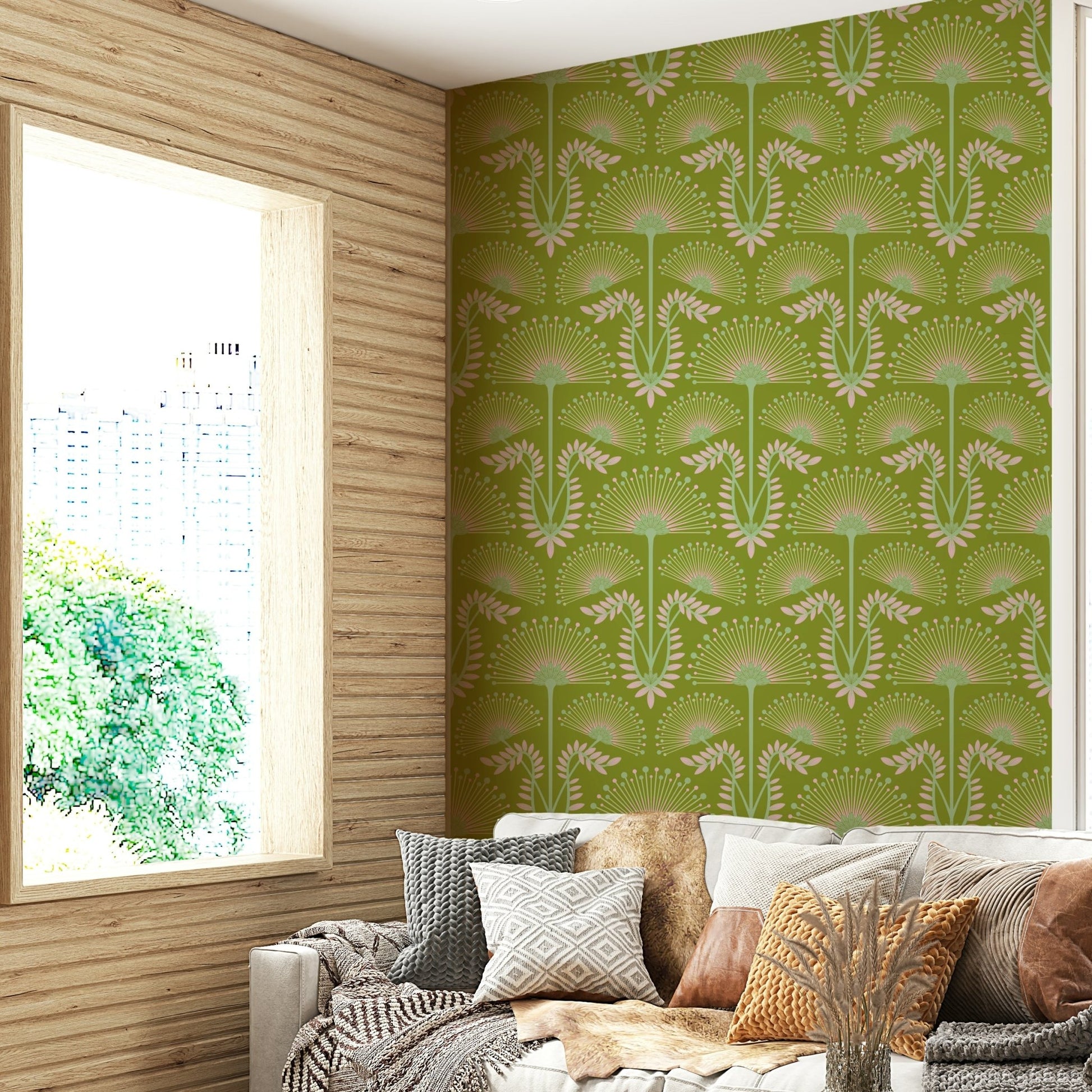 The color palette includes shades of pink, chartreuse, and spring green.
