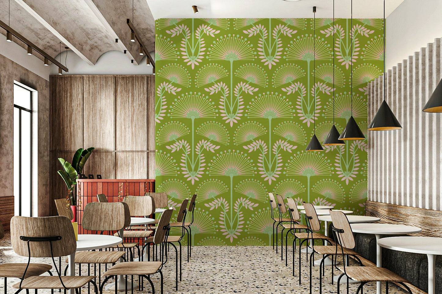 Features a damask style with Art Deco floral motifs.
