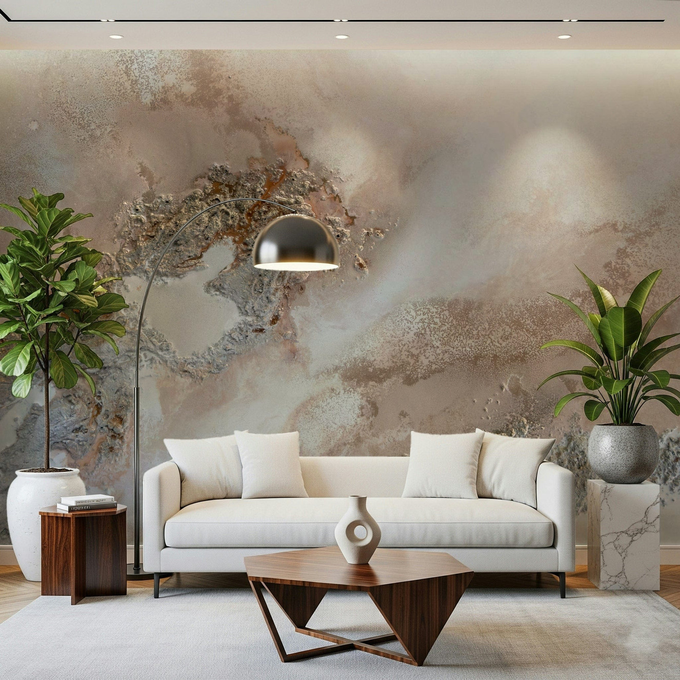 An artistic soft focus mural on minimalist wallpaper.