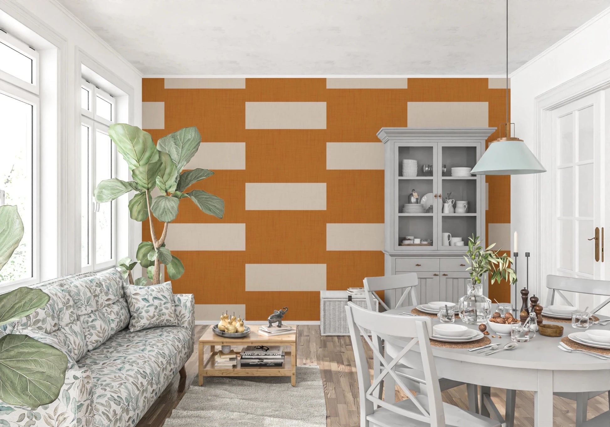Minimal Stripe Block Terracotta Cream Wallpaper⁠