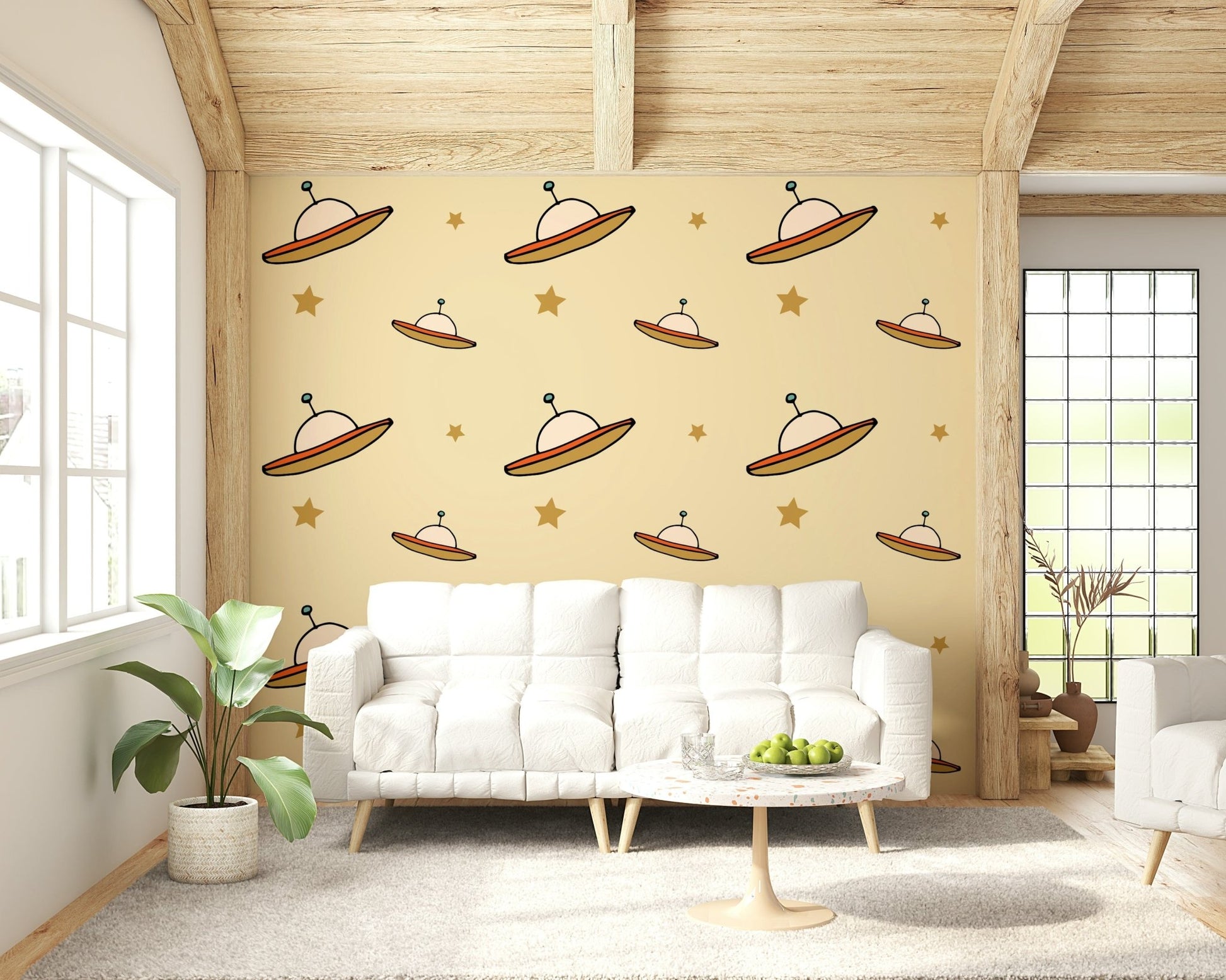 Doodle style spacecraft, UFO Beige repeating design, aesthetic surface.