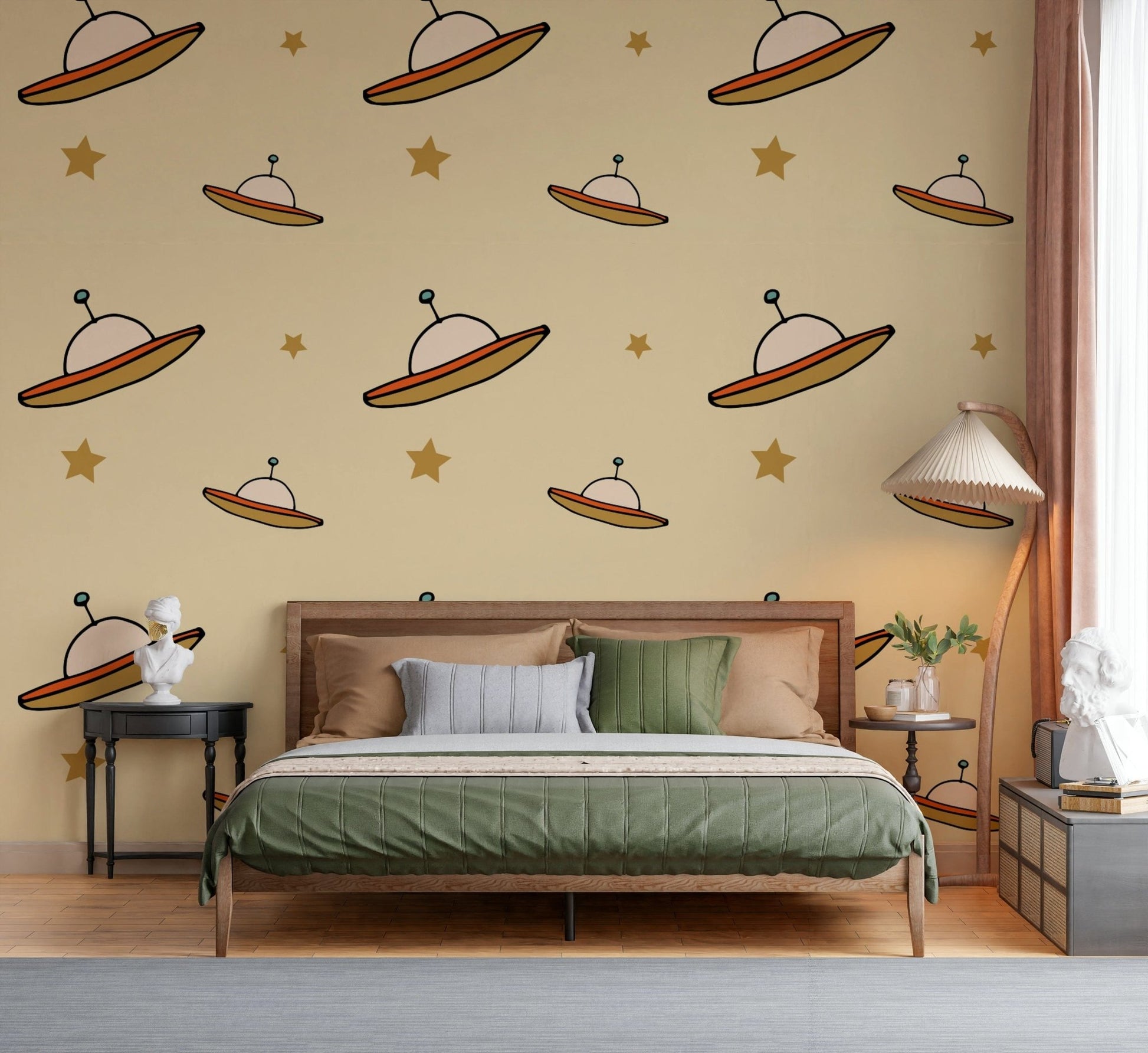 Abstract airships, cream white stars, UFO Beige light brown artistry.