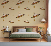 Abstract airships, cream white stars, UFO Beige light brown artistry.