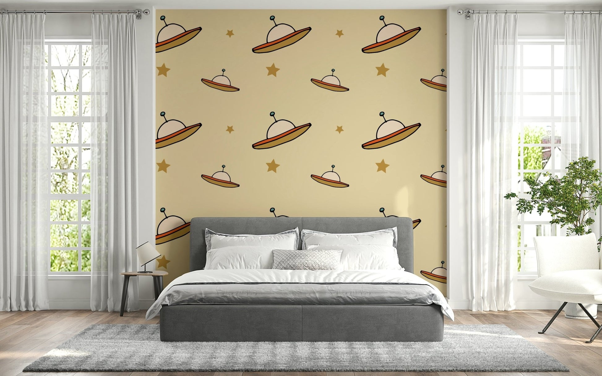 Small, graphic saucers, stellar accents, Vintage UFO Beige home décor.