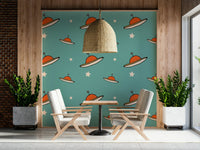 Hand-drawn sky craft, cosmic wall art, Vintage UFO Blue fun covering.