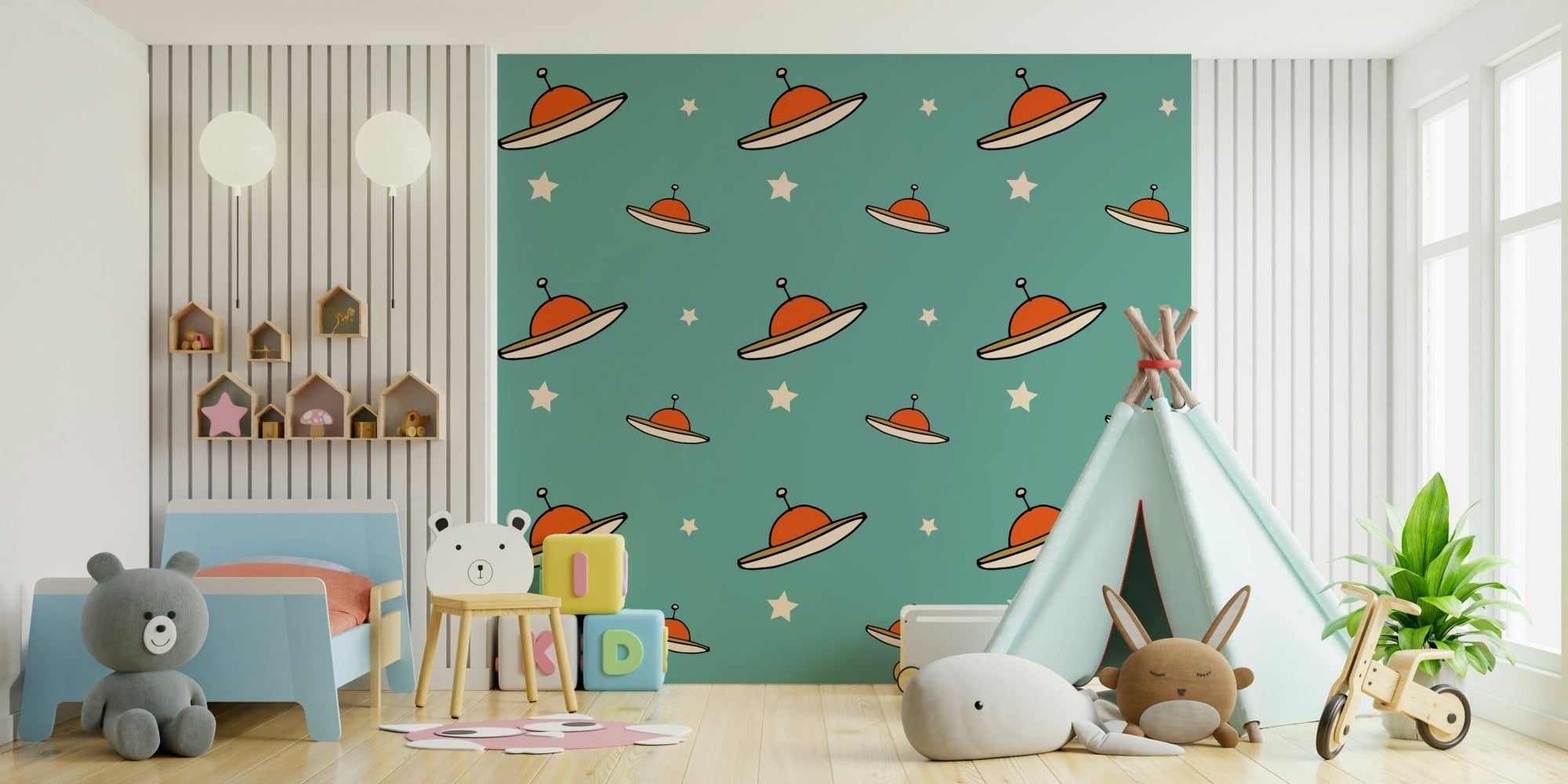 Cool teal wallpaper, celestial shapes, unique Minimal Vintage pattern.
