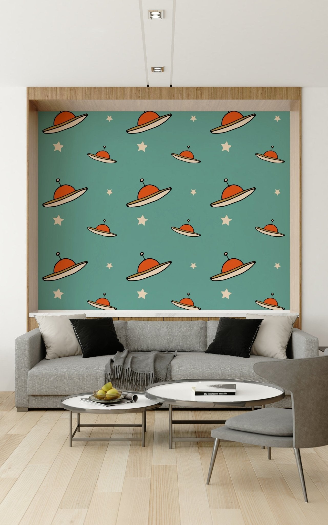 Mid-century, quirky Minimal Vintage UFO Blue seamless surface wrap.