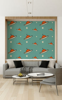 Mid-century, quirky Minimal Vintage UFO Blue seamless surface wrap.