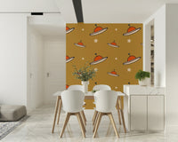 Stylish UFO Mustard wall covering, a groovy, mid-century space theme print.