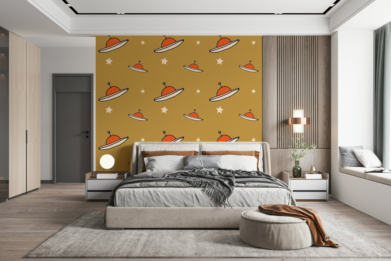 Minimal Vintage UFO Mustard decal, a whimsical, cosmic design for walls.