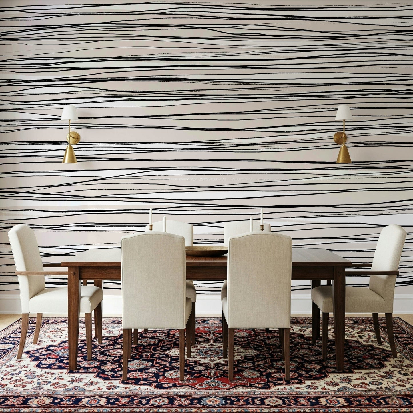 A contemplative geometric design wallpaper mural for a feature wall.