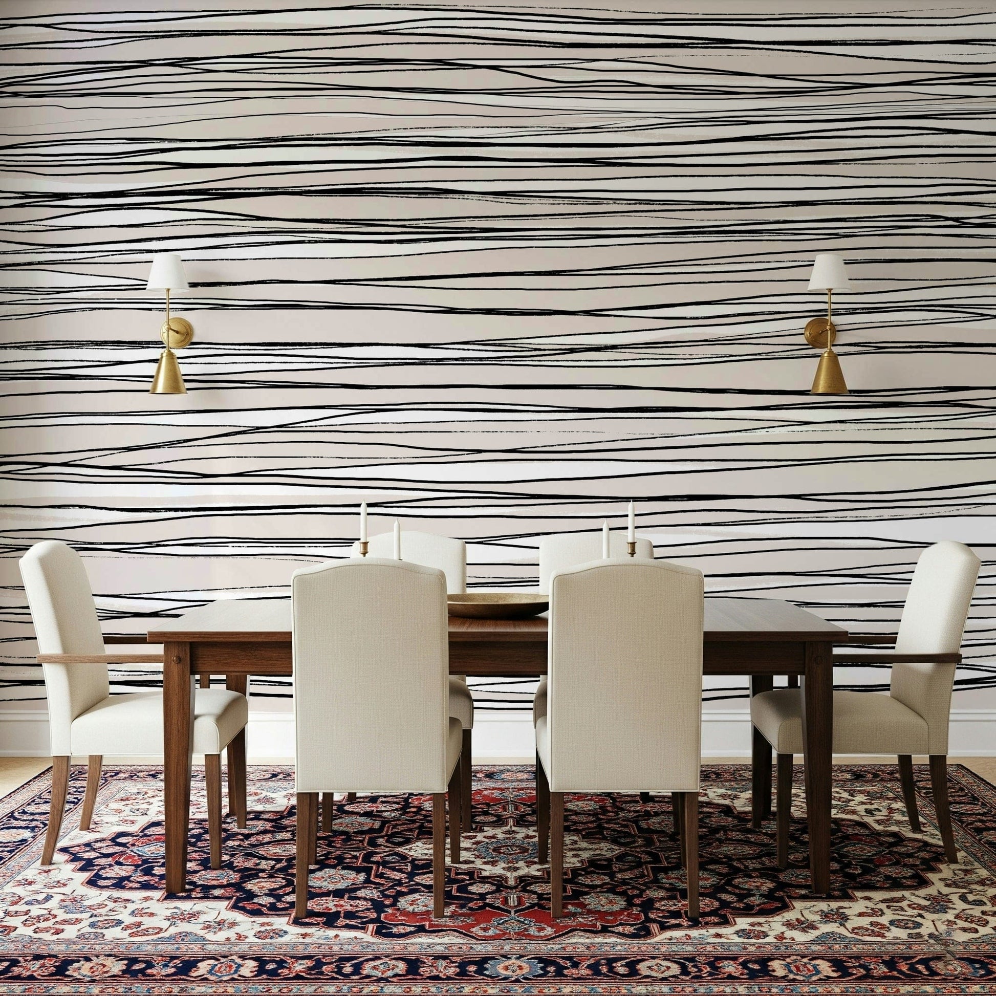 A contemplative geometric design wallpaper mural for a feature wall.