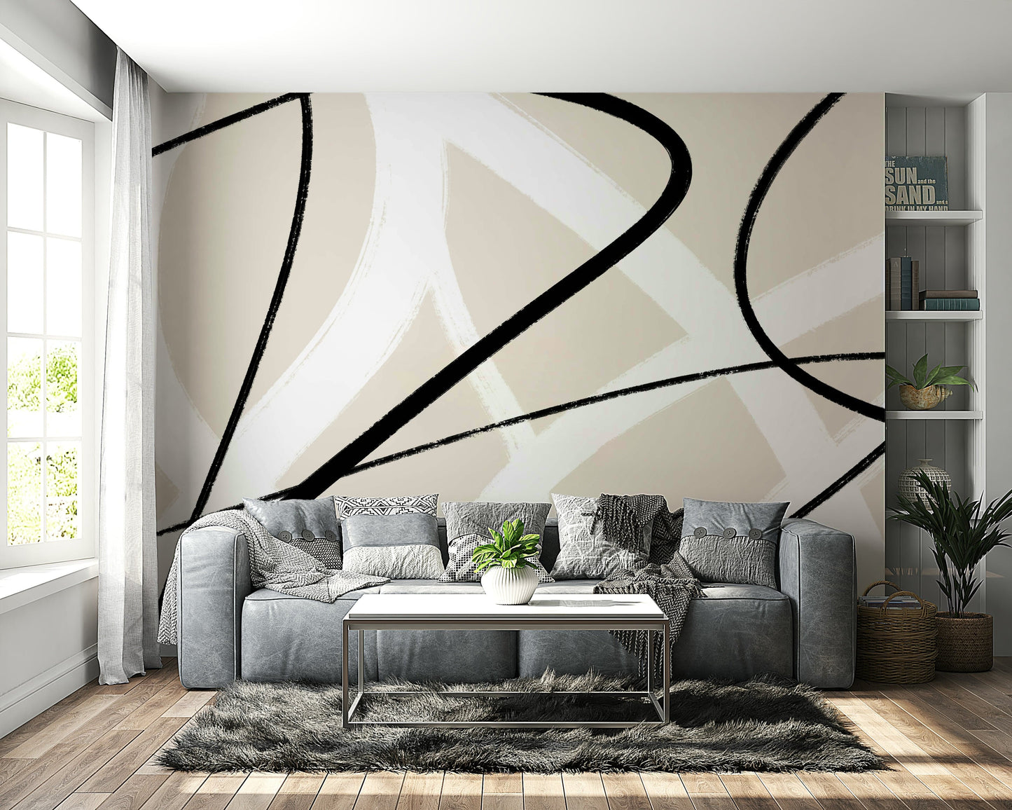 A peaceful modern abstract mural on decorative wallpaper.

