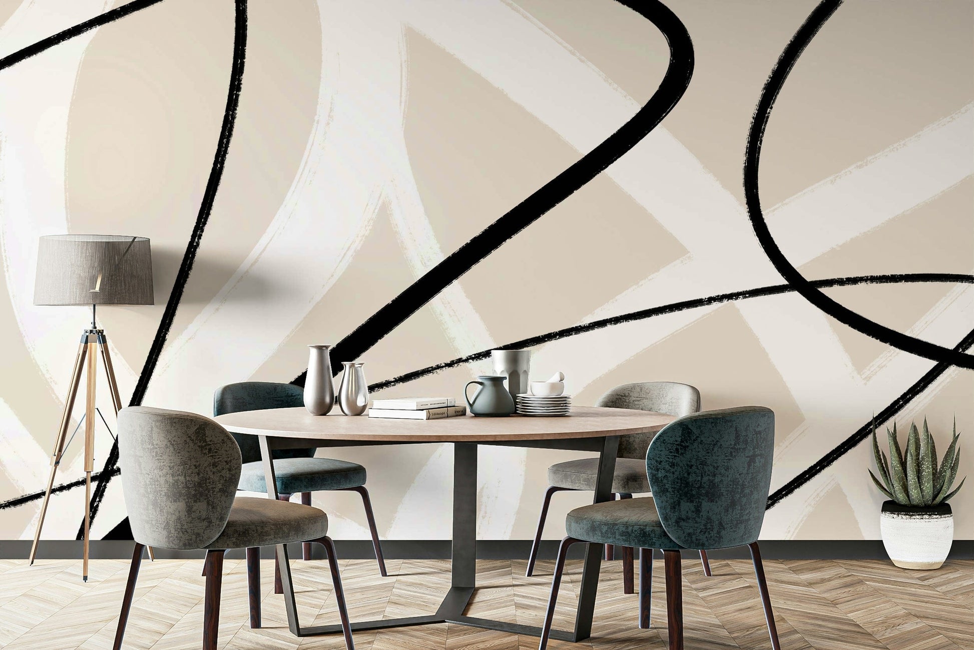 An artistic abstract design mural on minimalist wallpaper.

