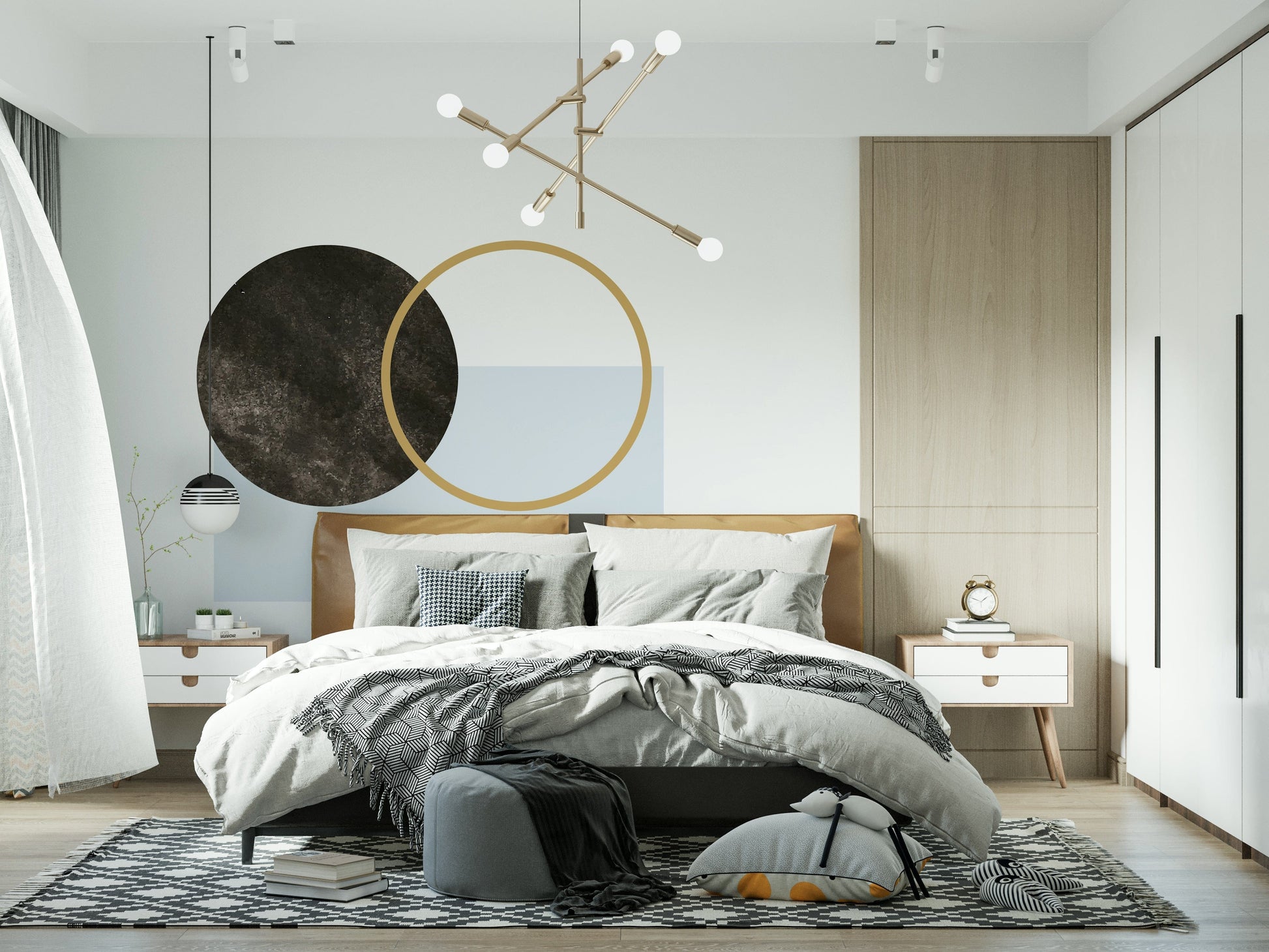 Contemporary wall mural, elegant interlocking forms, neutral color palette.