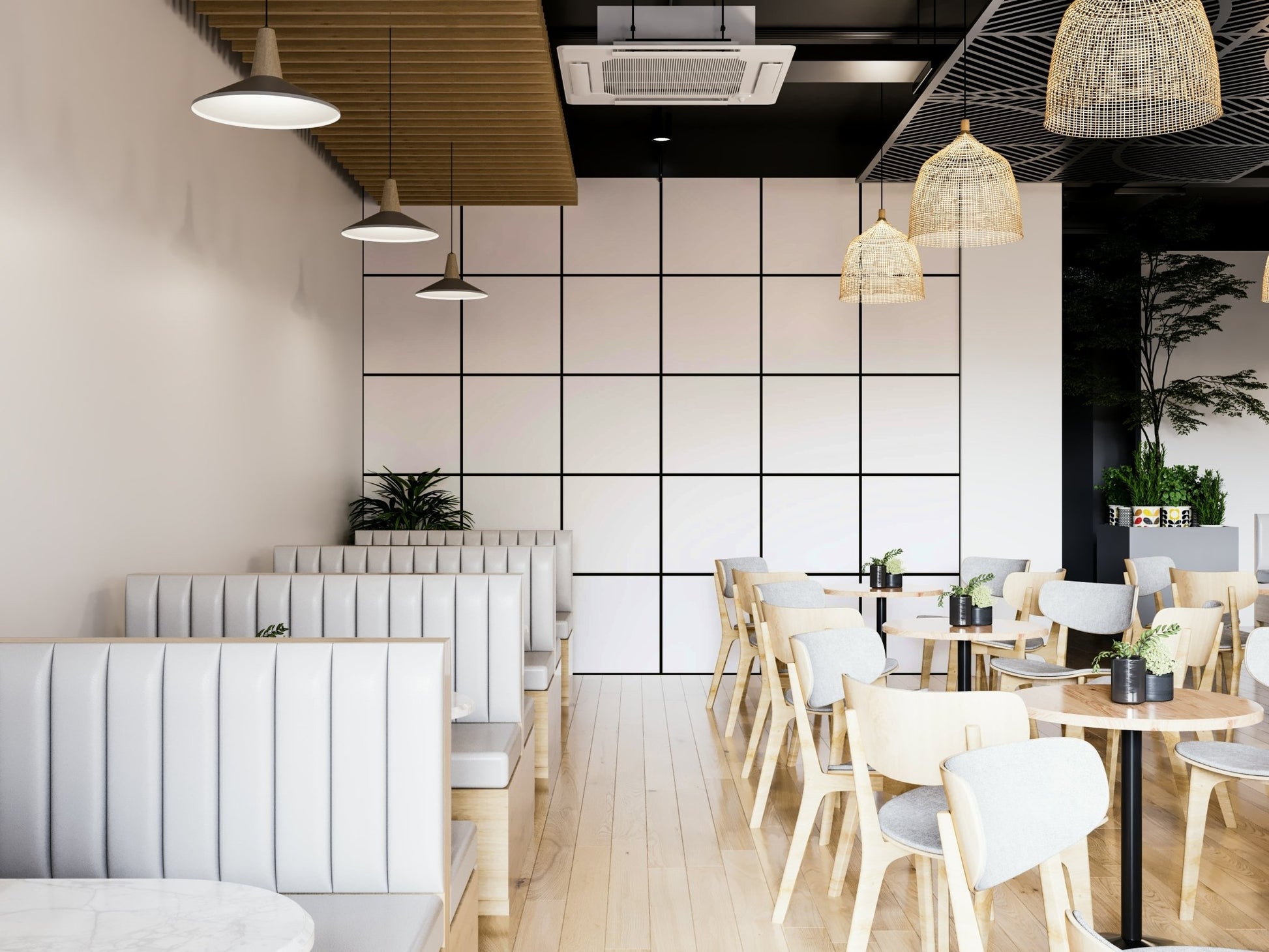 Geometric grid wallpaper in monochrome for clean, structured walls.

