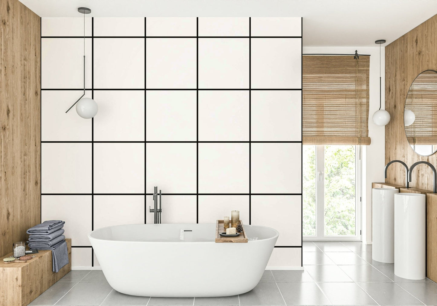 Black grid pattern on white wallpaper for sleek, structured style.

