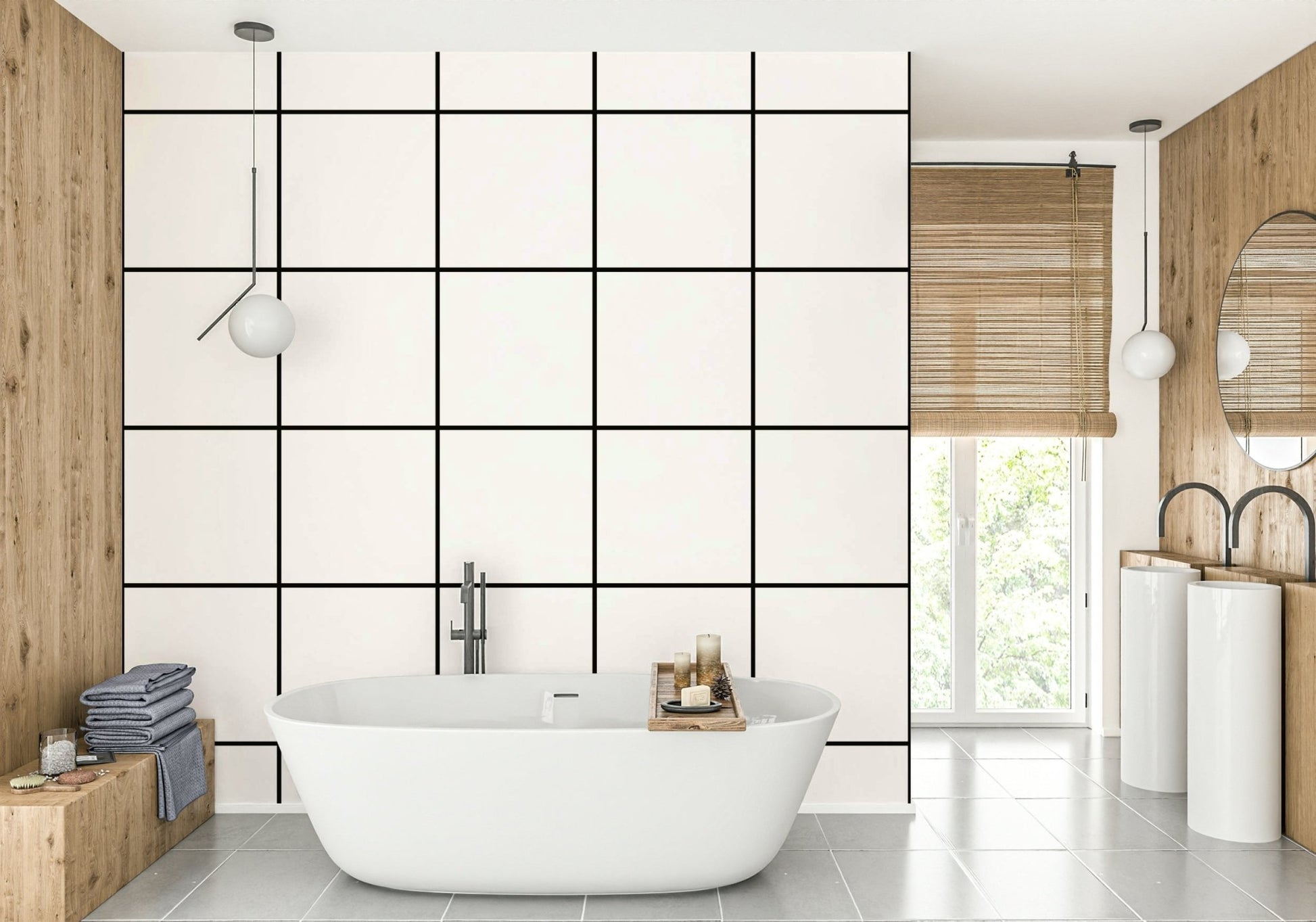 Black grid pattern on white wallpaper for sleek, structured style.

