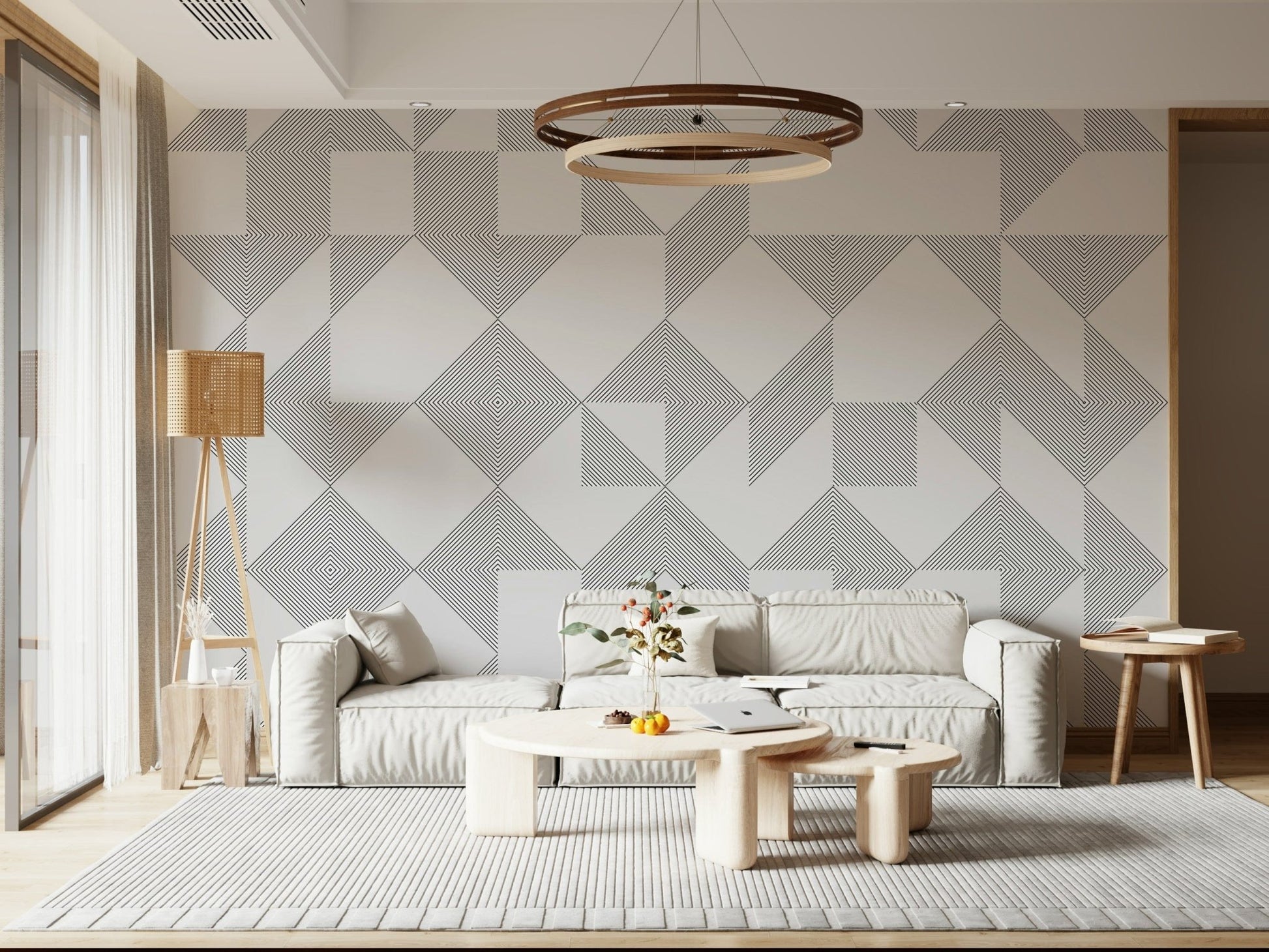 A simple wallpaper design with repeated line-drawn shapes forming an elegant geometric layout.
