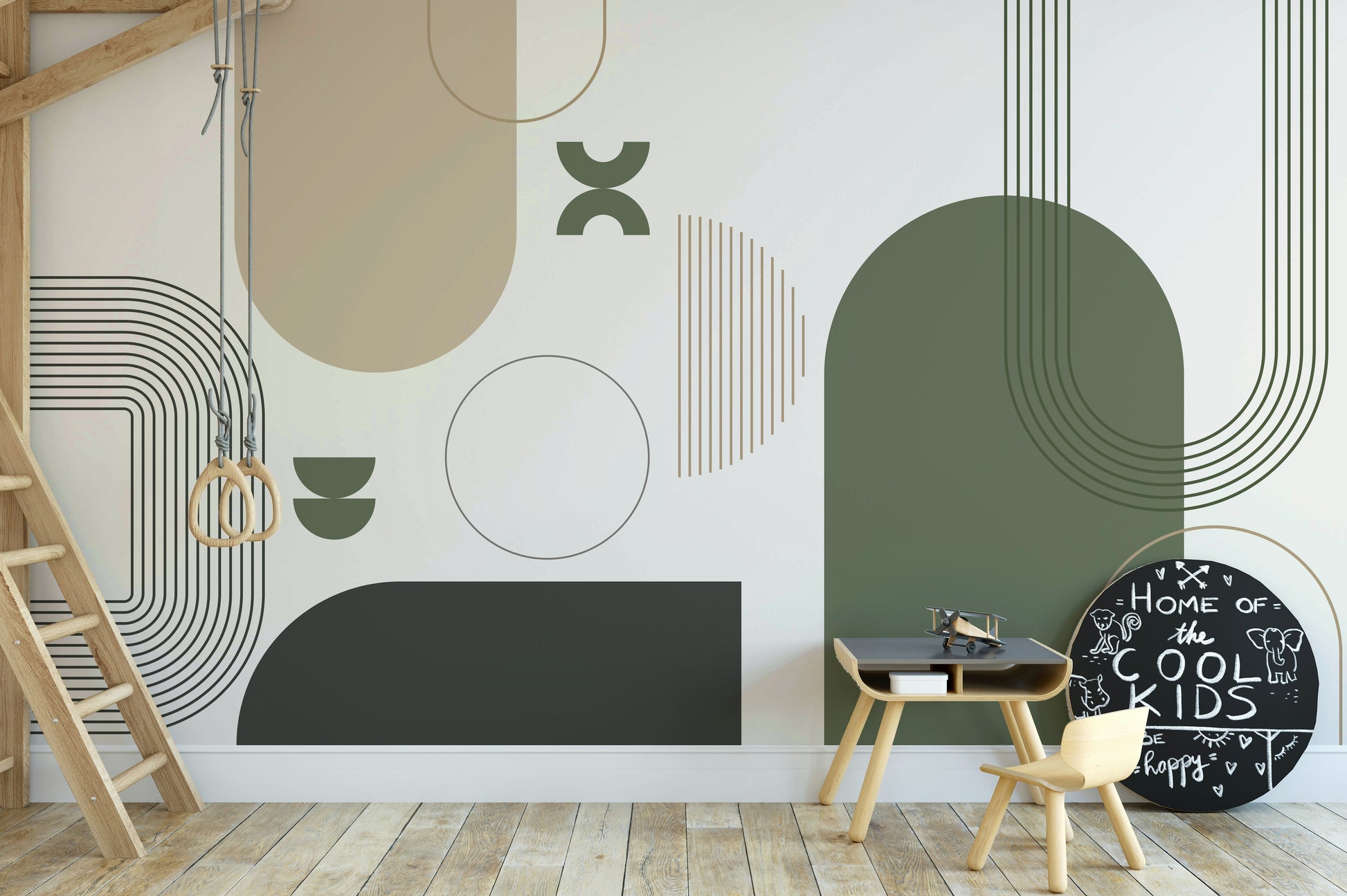 Soft tone mural with vintage curves and design

