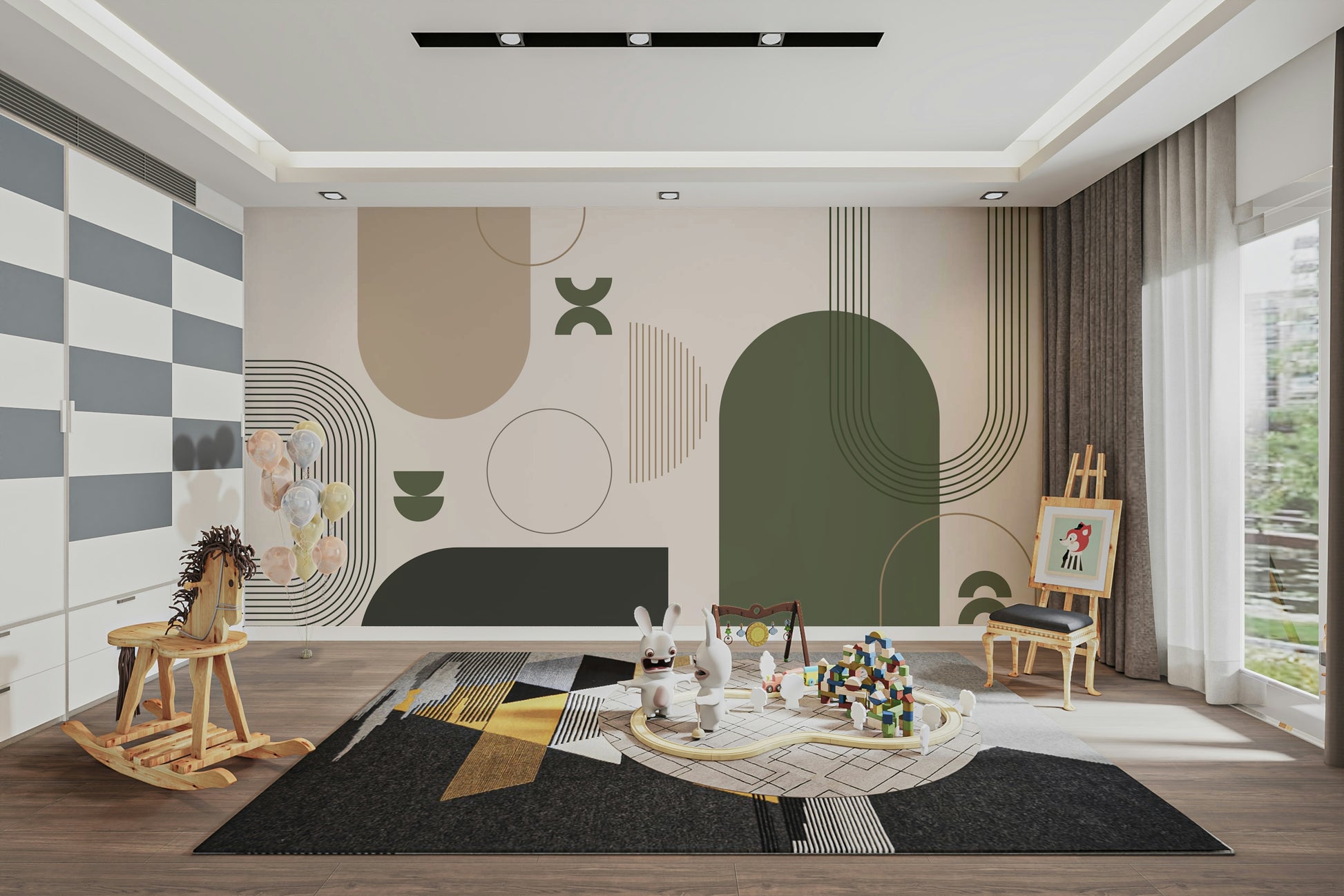 Modern mural with retro-inspired flow and lines

