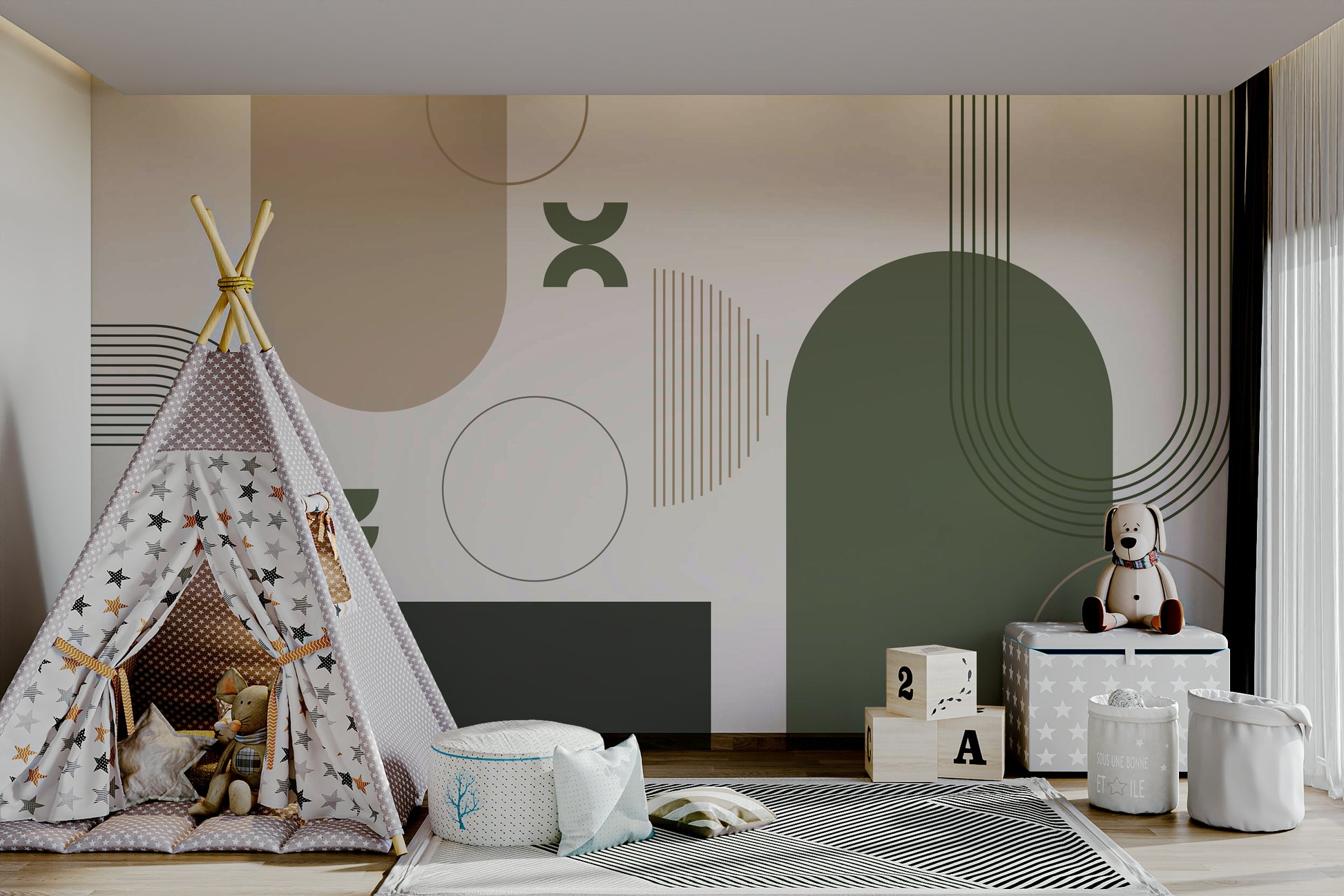 Abstract mural blending retro curves and colors

