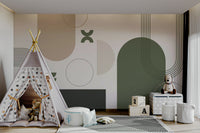 Abstract mural blending retro curves and colors

