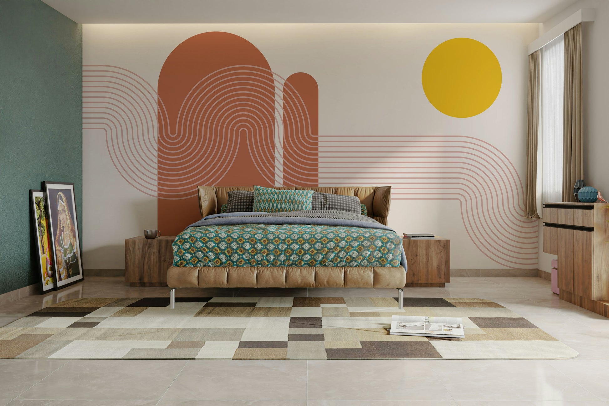 Serene sunset vibes mural in minimal design

