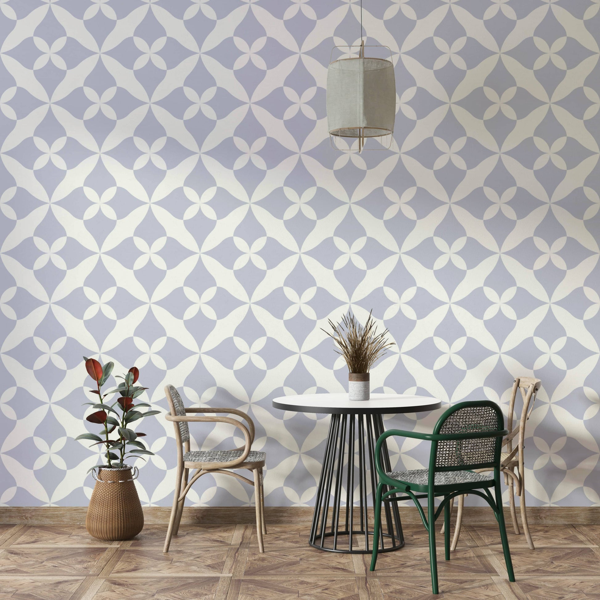 Abstract curved tile wallpaper in muted shades.